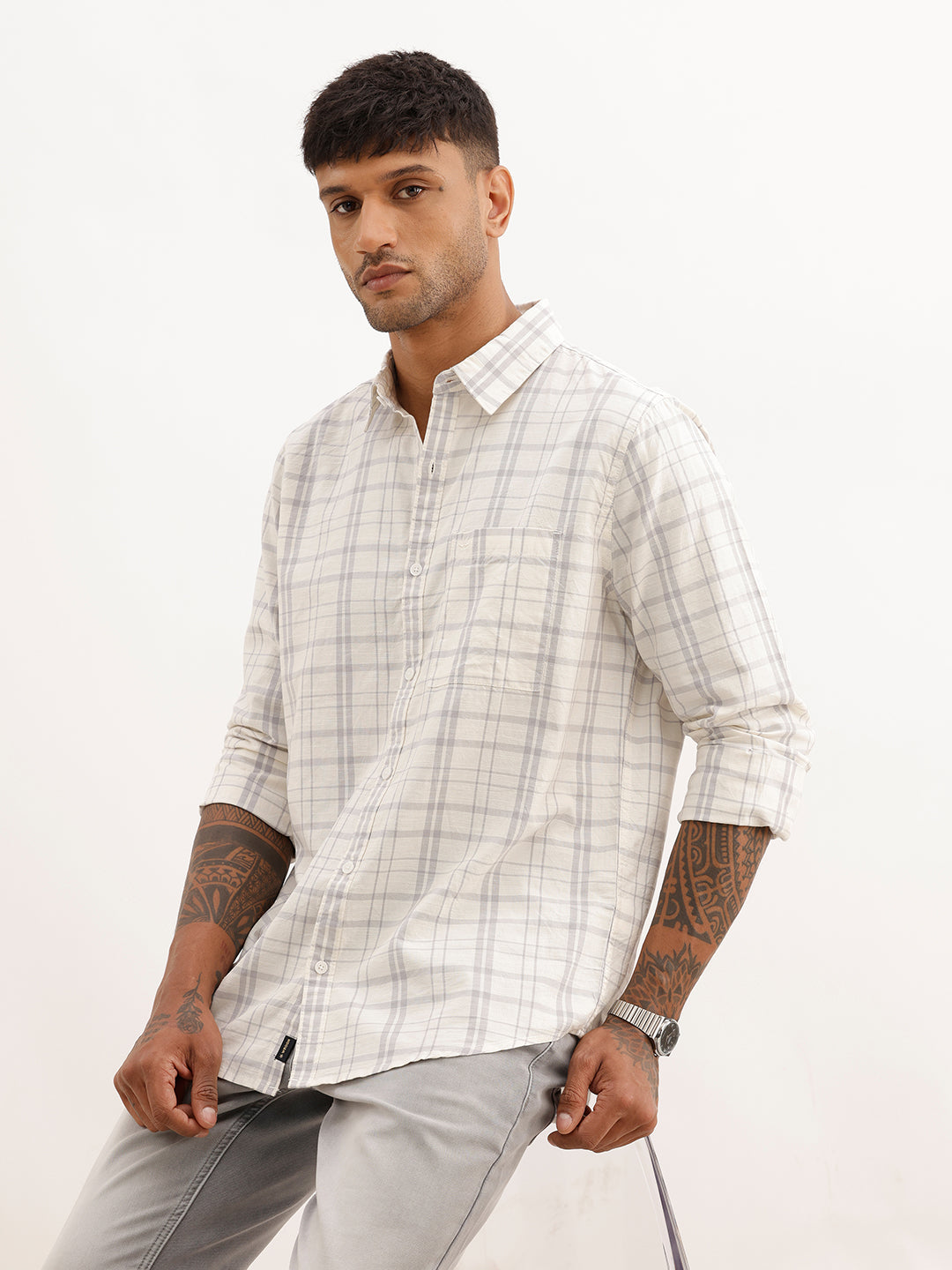 Slim Fit Checkered Full Sleeve Shirt | Off White