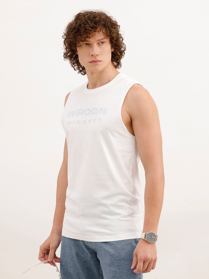 Slim Fit Printed Cut Off sleeves T-Shirt | White