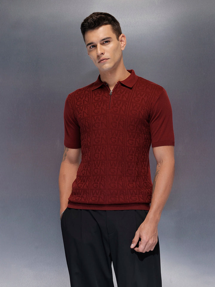 Men's slims fit polo with self design fabric | Maroon