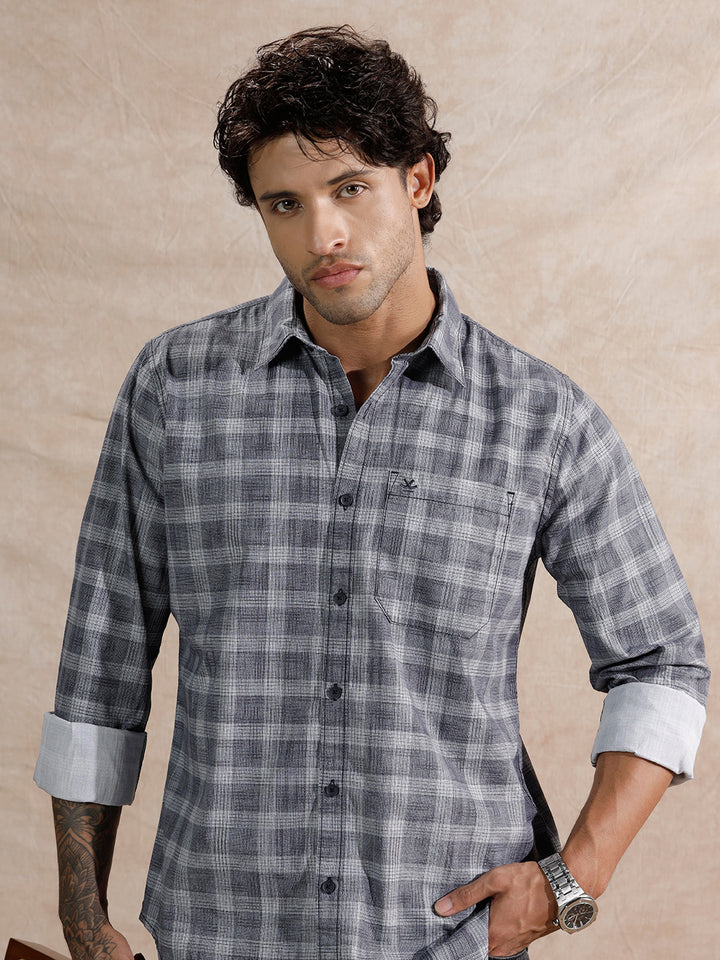 Textured Printed Checks Regular Fit Shirt  | Navy Blue