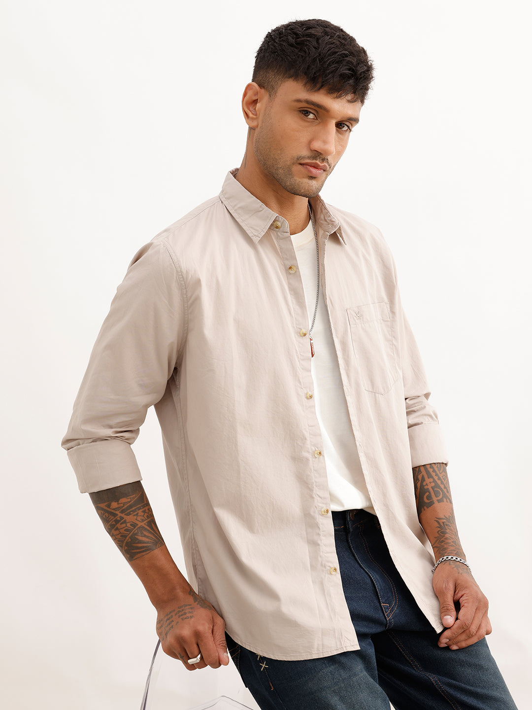 Solid Regular Fit Full Sleeve Shirt | Light Brown