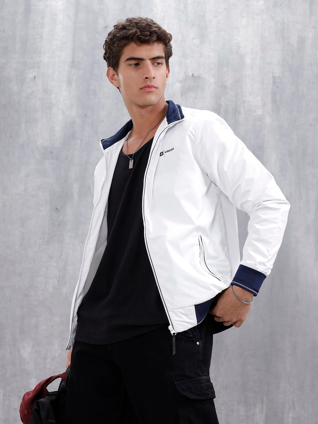 Men's Casual Zip-Up Jacket With Contrast Trim | White