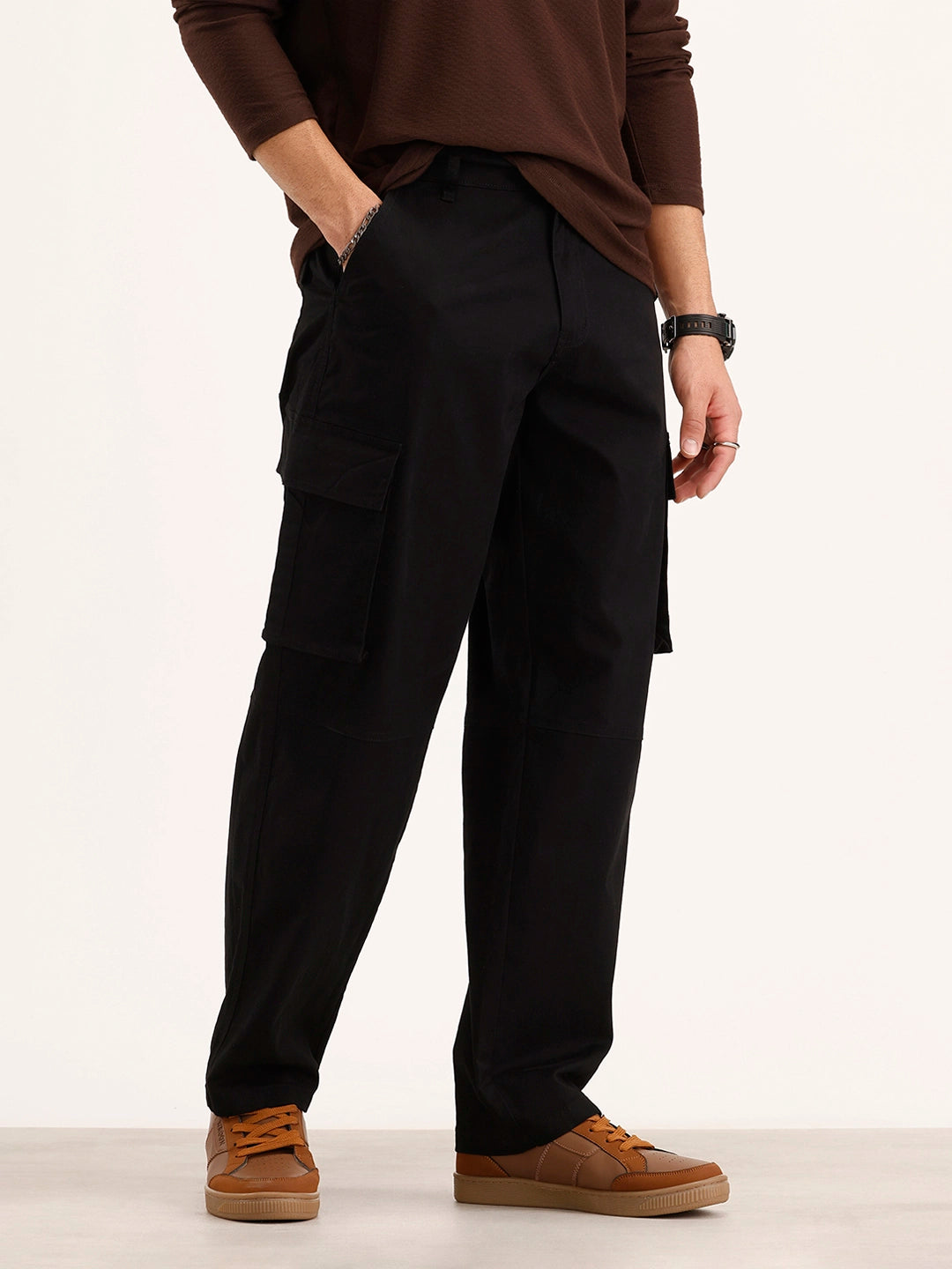 Solid Loose Fit Cargo Trouser | Black