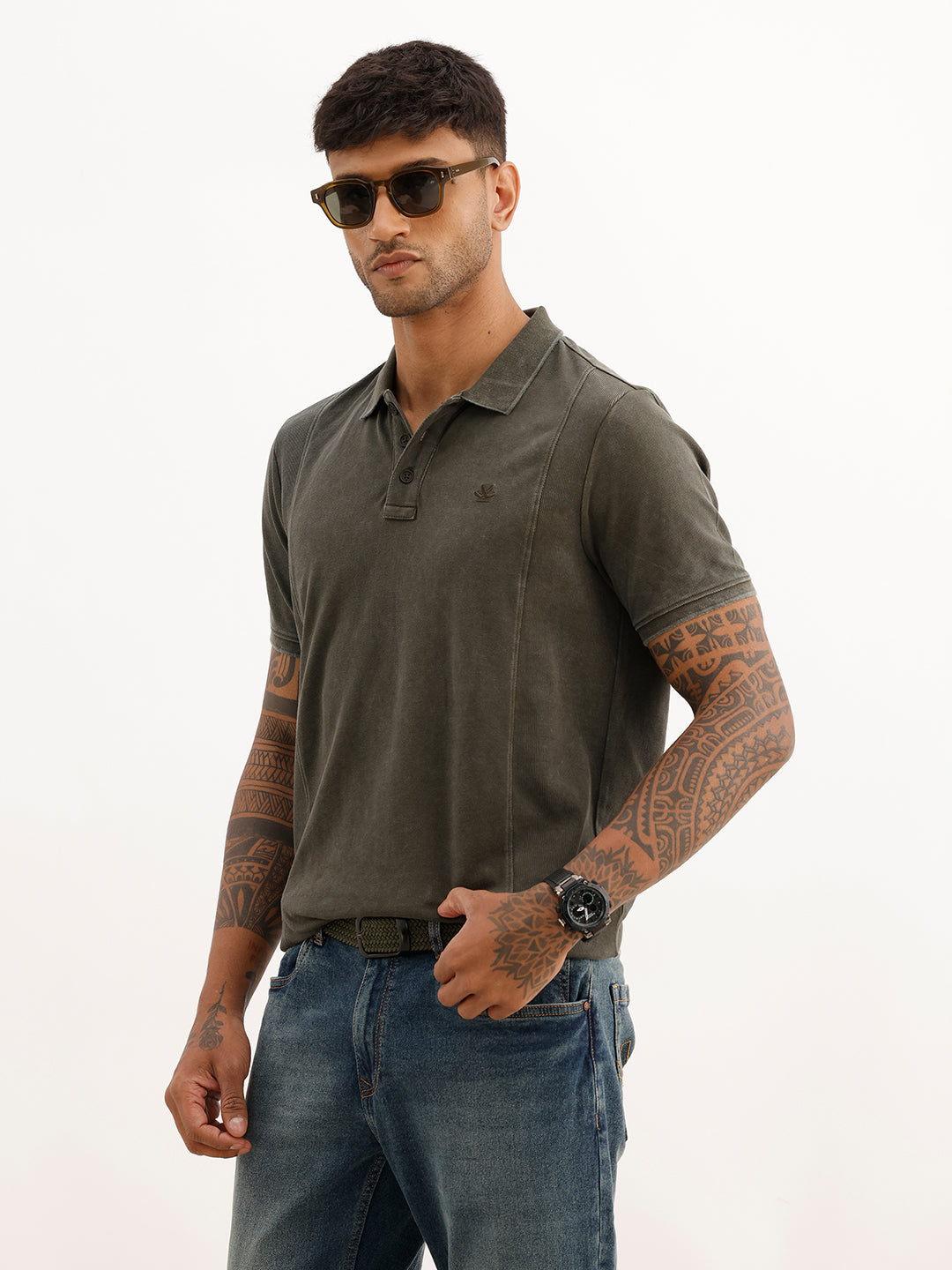Slim Fit Faded Cut & Sew Polo T-Shirt | Olive