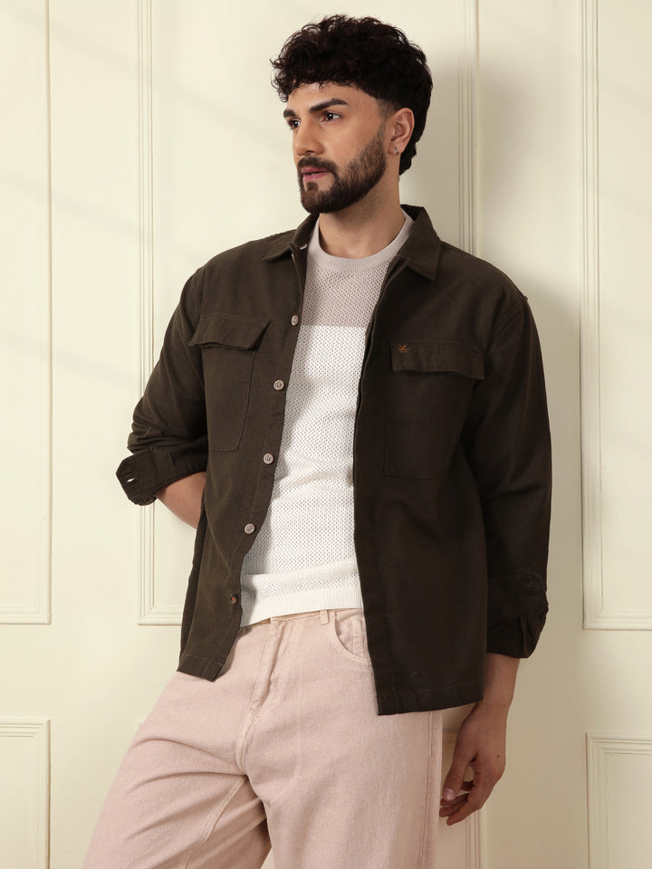 Solid Regular Fit Shacket | Olive