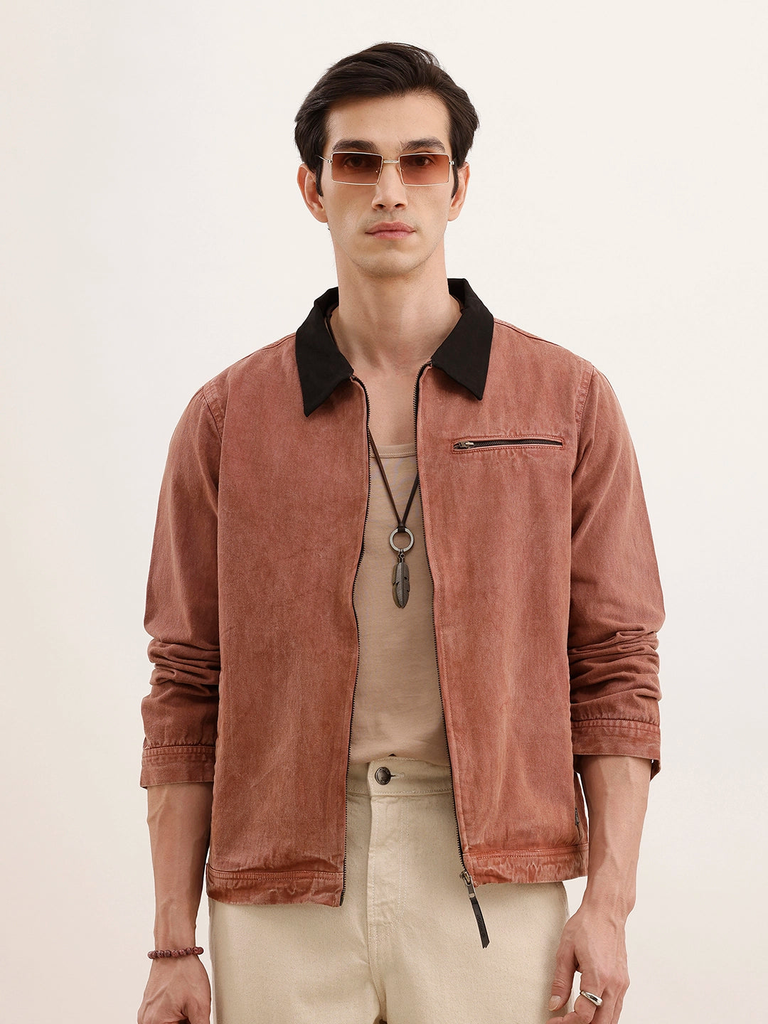 Regular Fit Zipper Denim Jacket | Brown