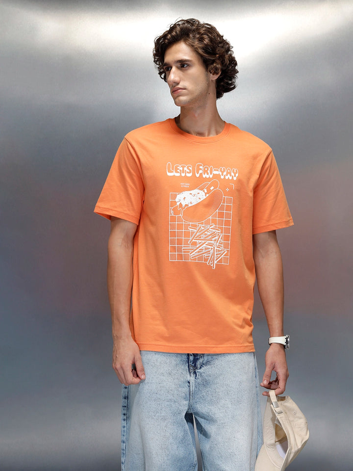 Wrogn Men's Regular Fit T-shirt with Chest Graphic | Orange
