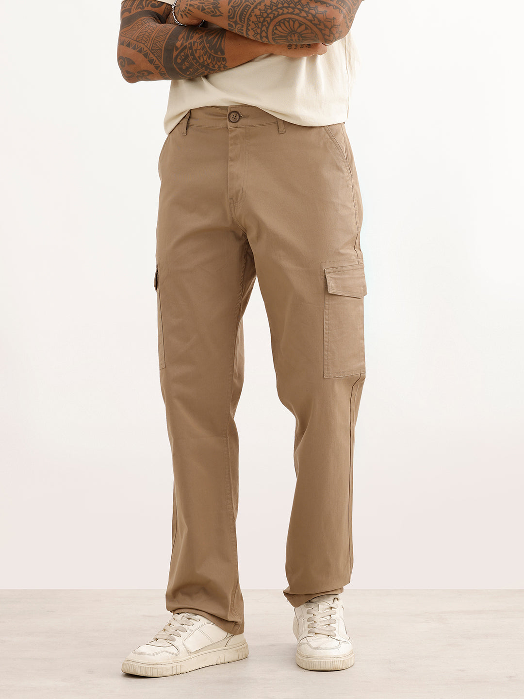 Solid Straight Fit Cargo Trouser | Khaki