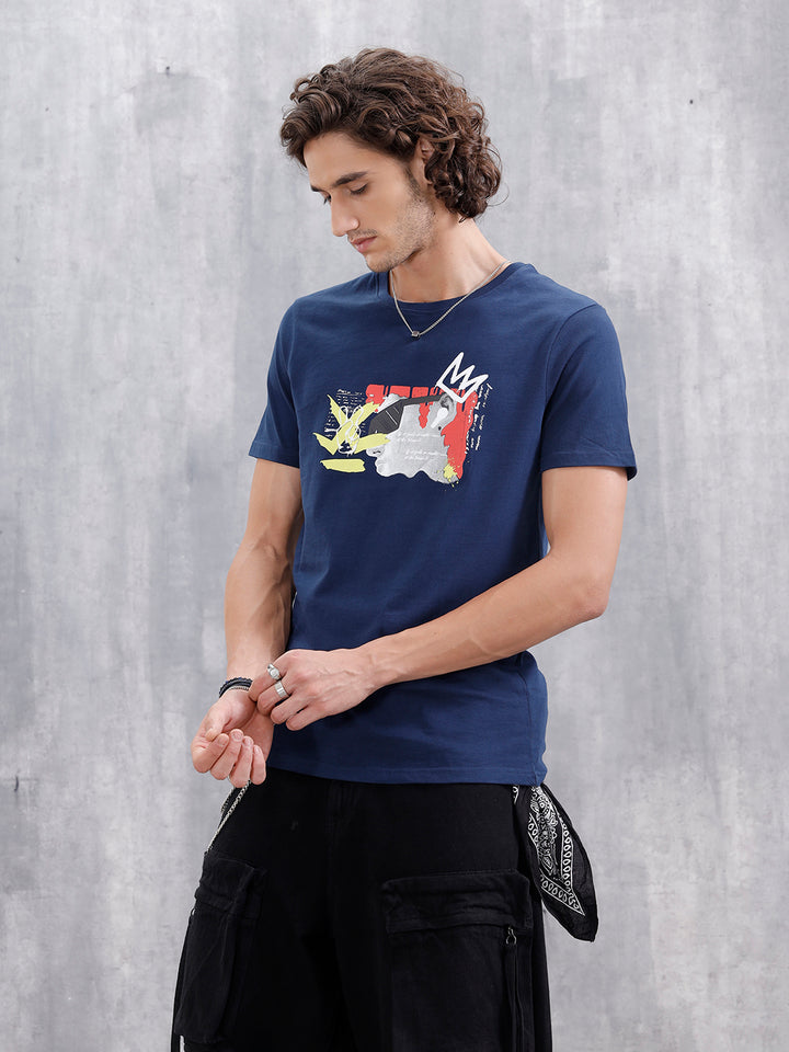 Graffiti Inspired Chest Graphic Slim Fit T-Shirt | Navy Blue