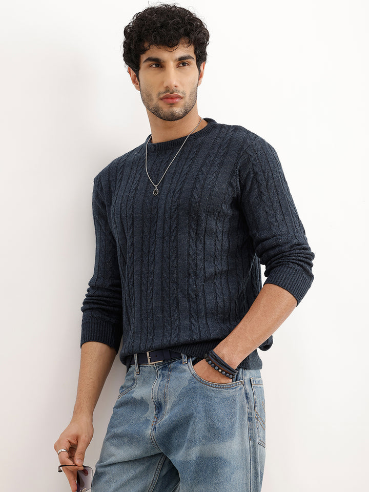 Textured Regular Fit Knitted Sweater | Blue
