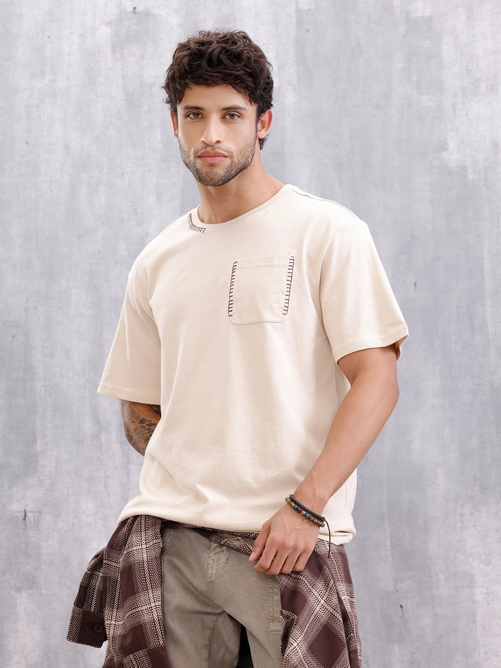 Oversized Fit T-Shirt With Thread Detail And Patch Pocket | Beige