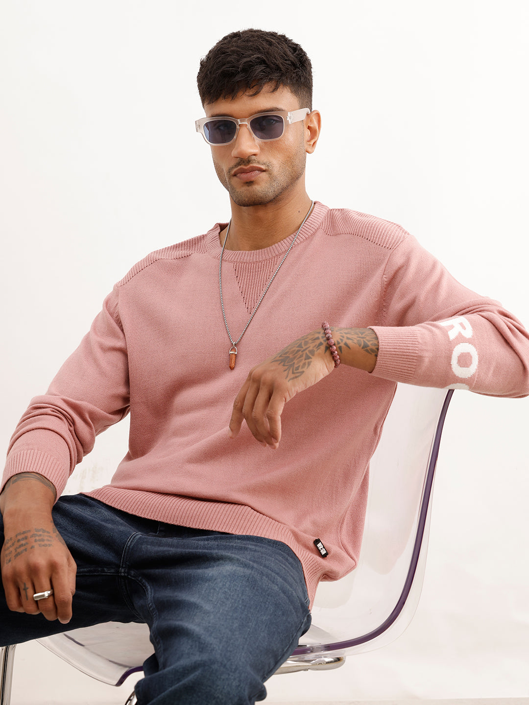 Slim Fit Placement Printed Knitted Sweater | Pink