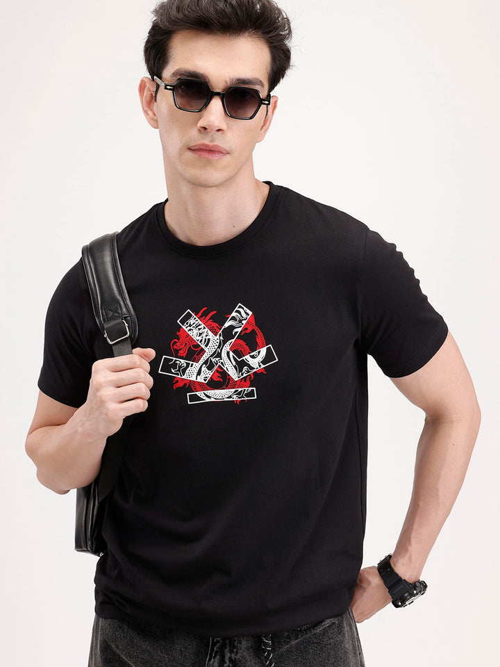 Slim Fit Foil Printed T-Shirt | Black