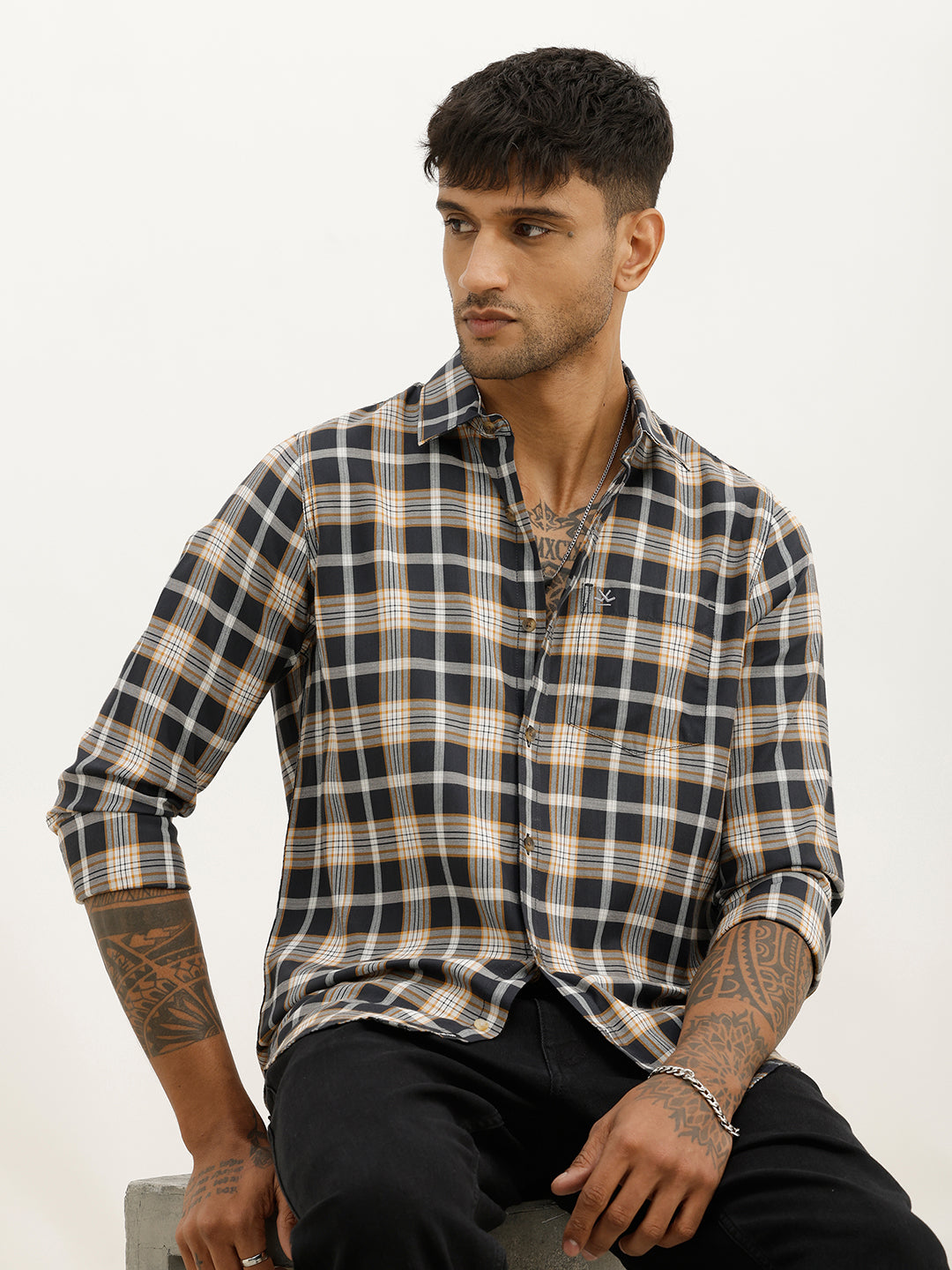 Slim Fit Checkered Full Sleeve Shirt | Black
