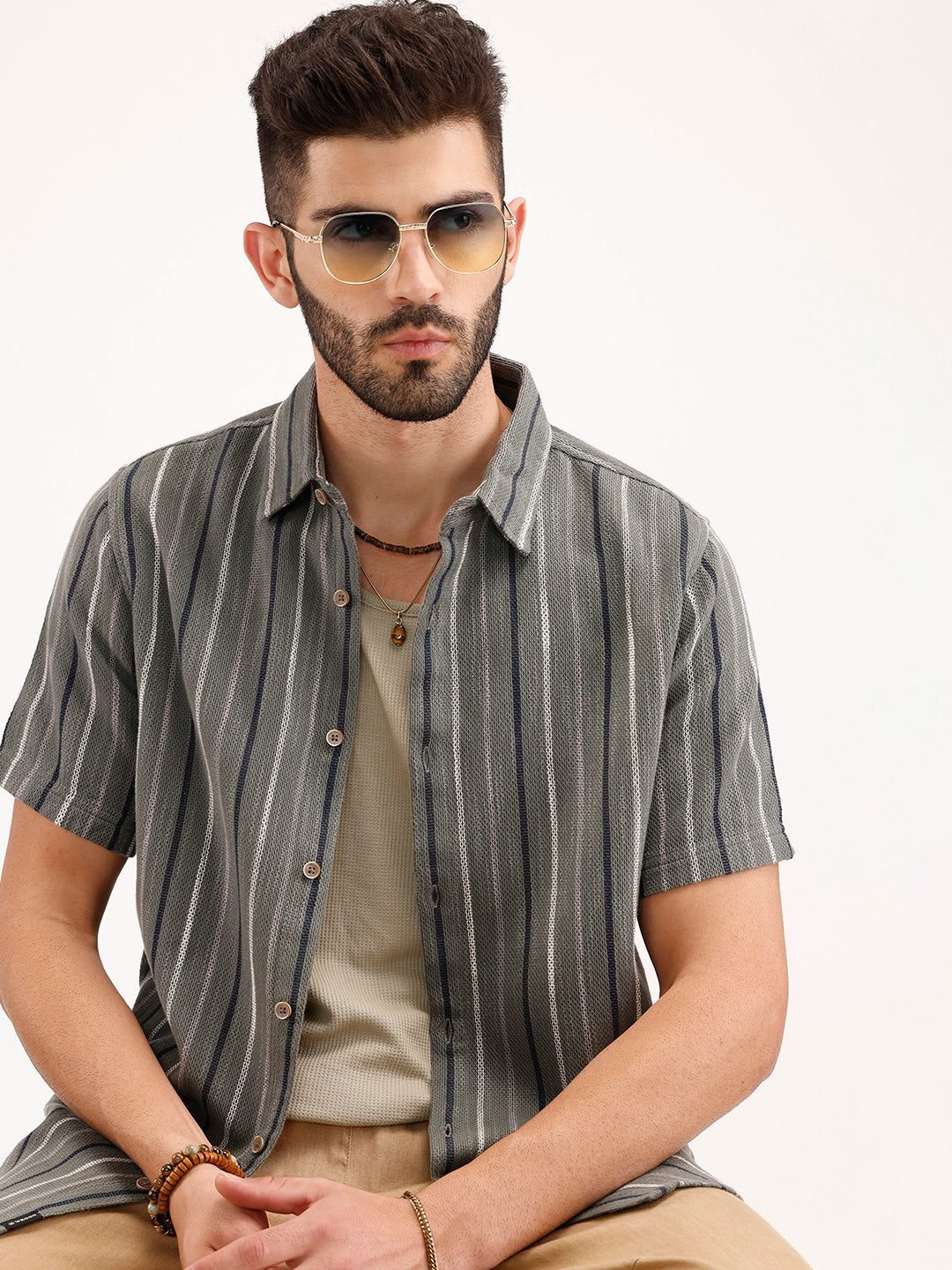 Slim Fit Striped Half Sleeve Shirt | Olive