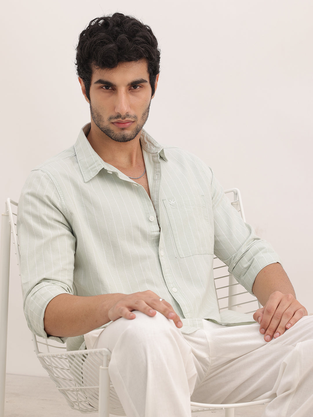 Slim Fit Striped Full Sleeve Shirt | Light Green