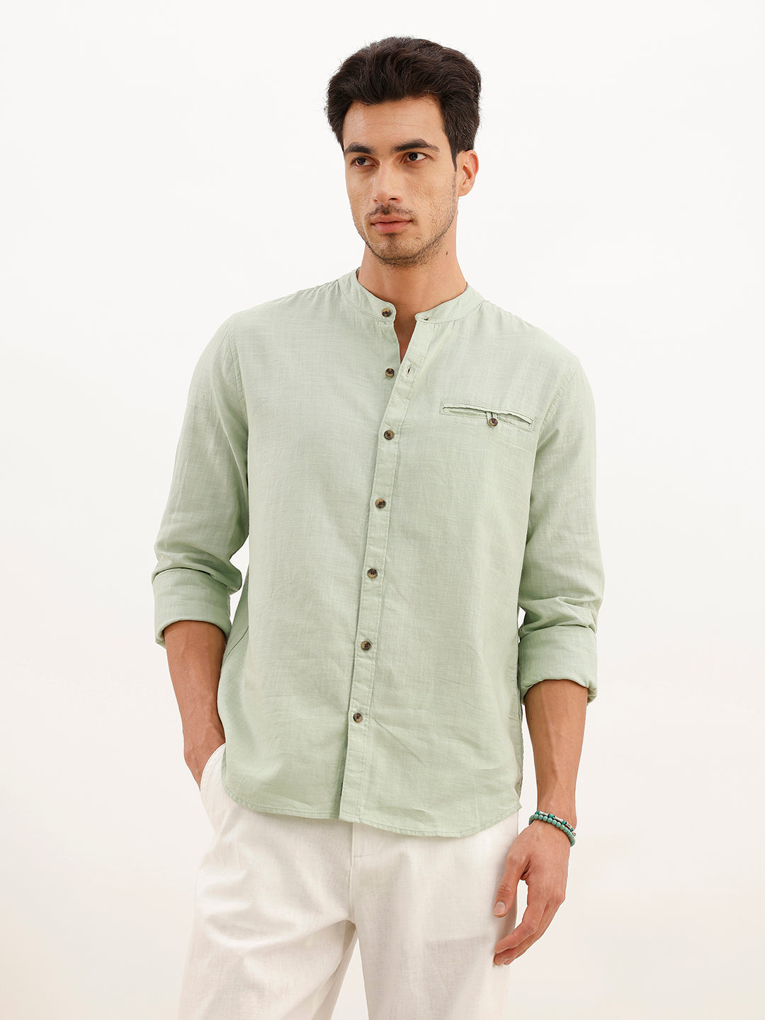 Solid Slim Fit Mandrin Collar Shirt | Grey