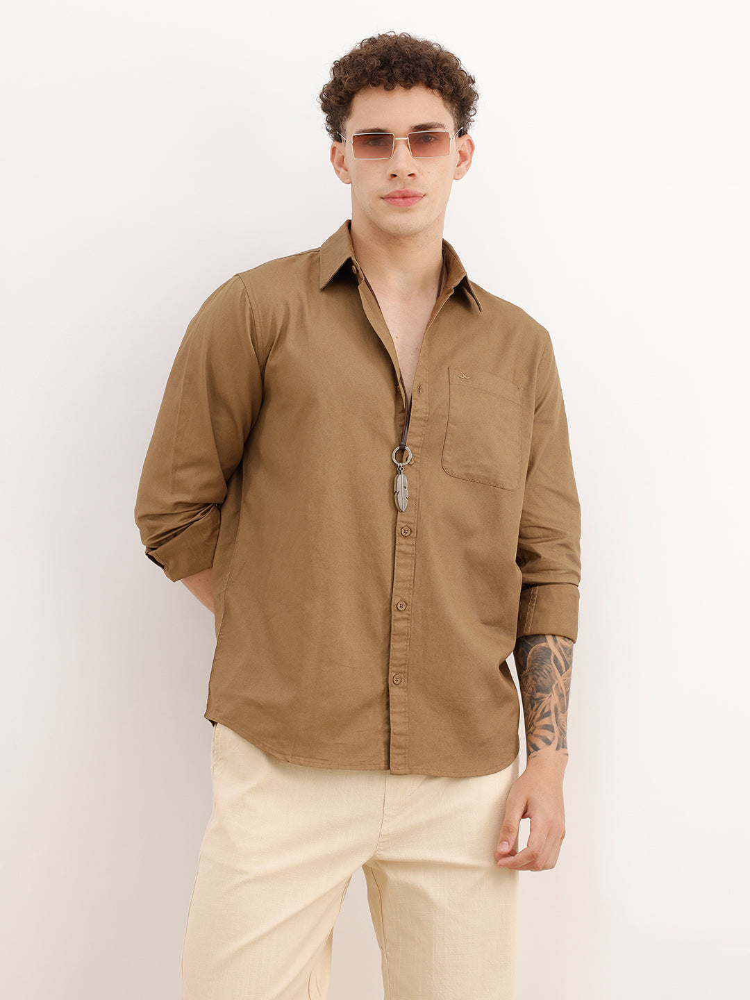 Solid Regular Fit Full Sleeve Shirt | Khaki | WWSH0851MAZ