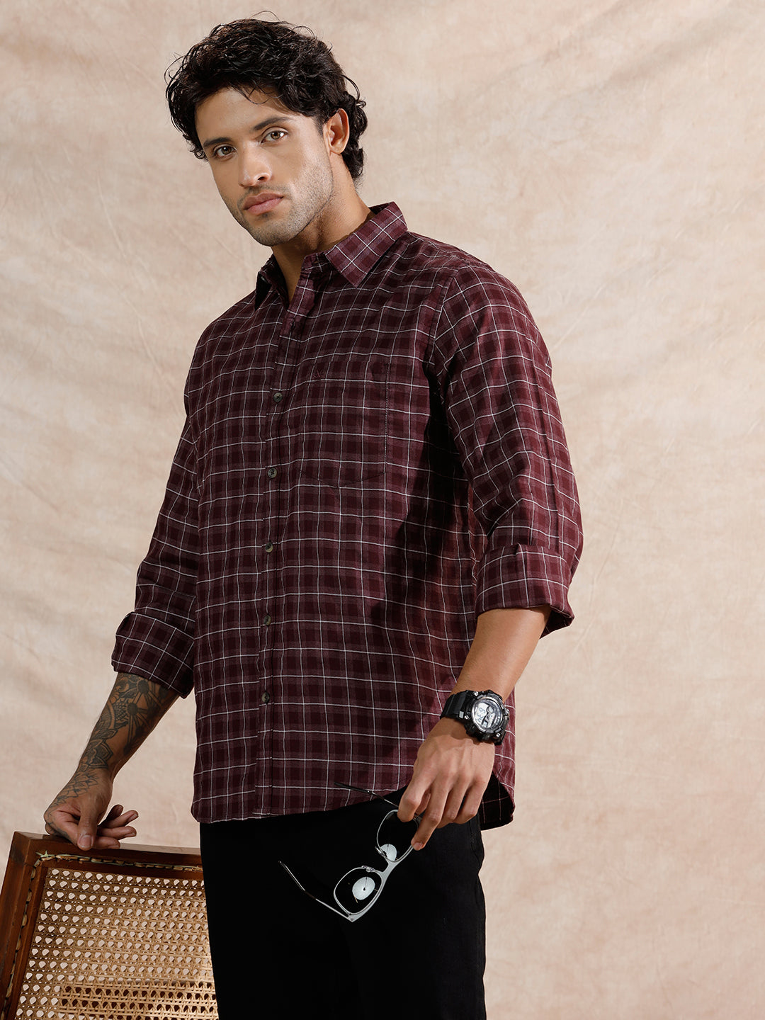 Micro Checks Pattern Regular Fit Shirt | Maroon WUSH2689F – Wrogn