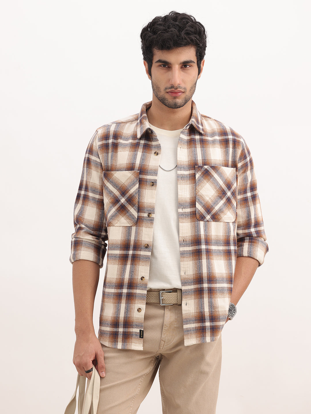 Checkered Slim Fit Double Pocket Shirt | Brown