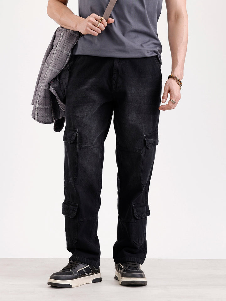 Washed Loose Fit Cargo Denim   |  Grey