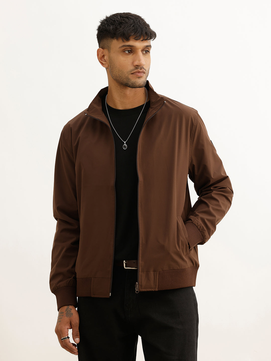 Solid Regular Fit Zipper Jacket | Maroon