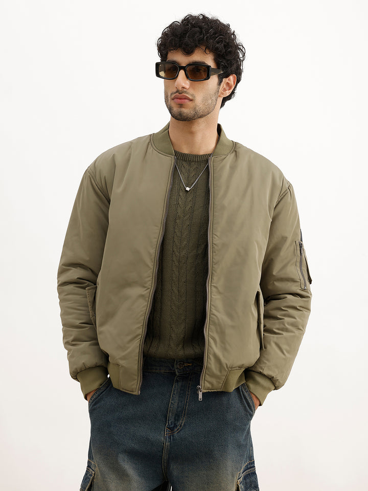 Solid Comfort Fit Bomber Jacket | Olive