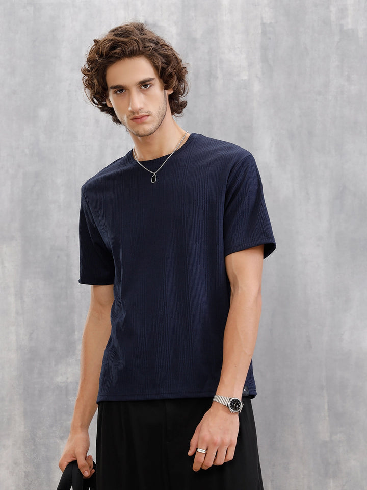 Honeycomb Textured Knit Crew Neck Pullover In Oversized Fit | Navy Blue