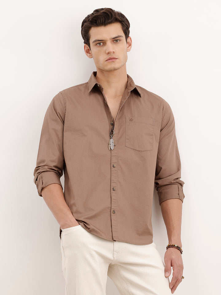 Regular Fit 100% Cotton Solid Shirt | Khaki