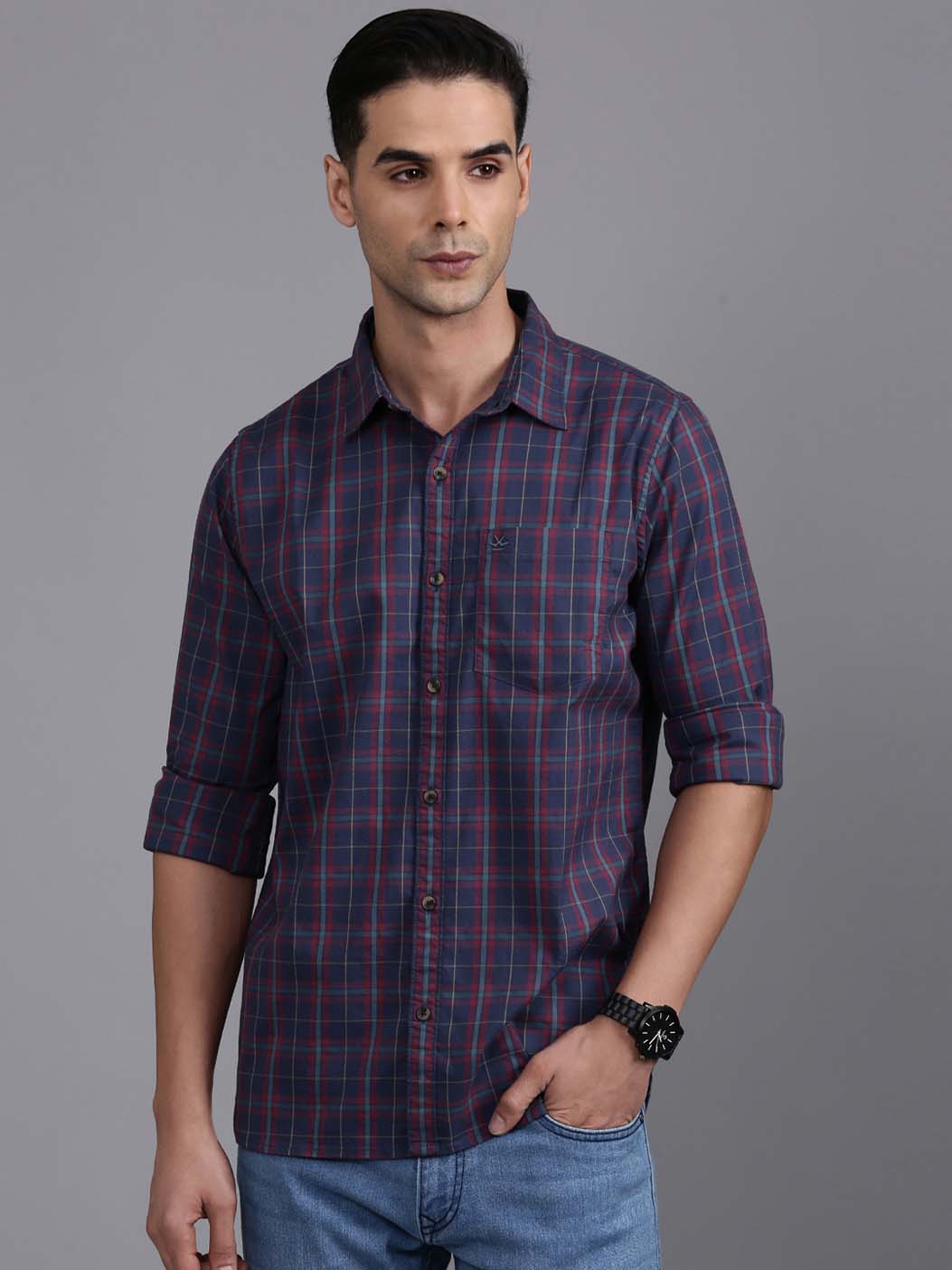 Checked Cotton Navy Blue Shirt