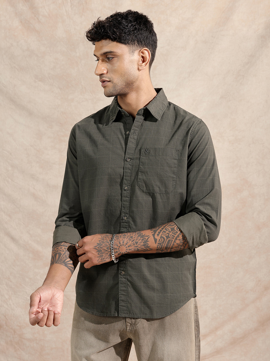 Printed Checked Shirt | Dark Green