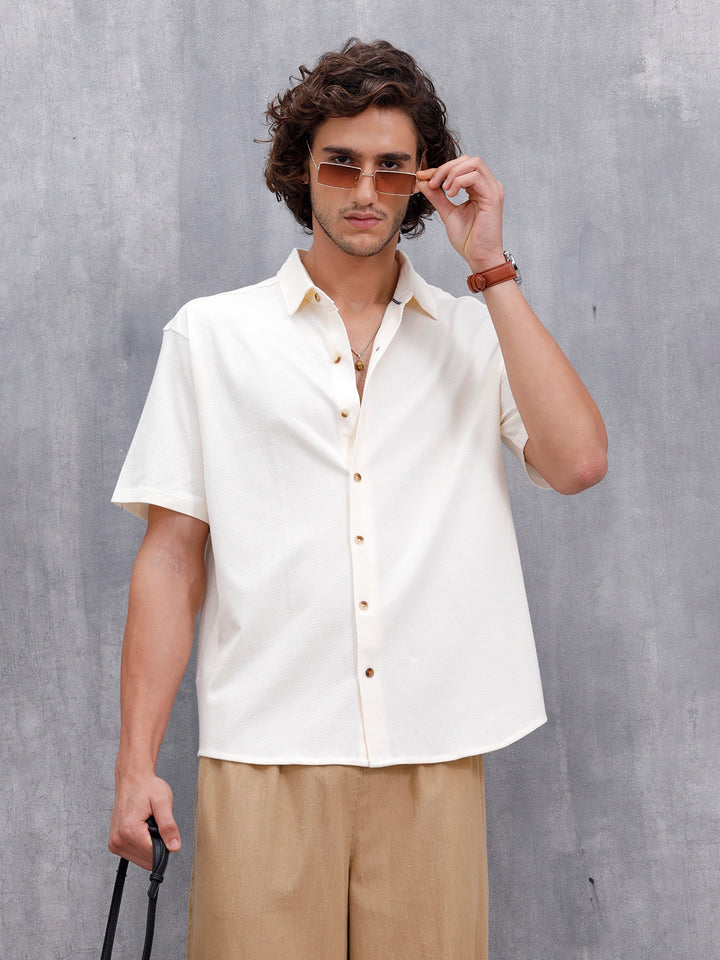 Knit Popcorn Texture Slim Fit Shirt | Off White