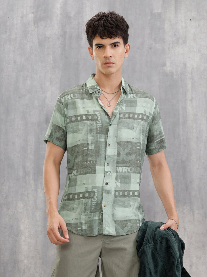 Fluid Viscose Shirt With Photo Reel Print  |  Green