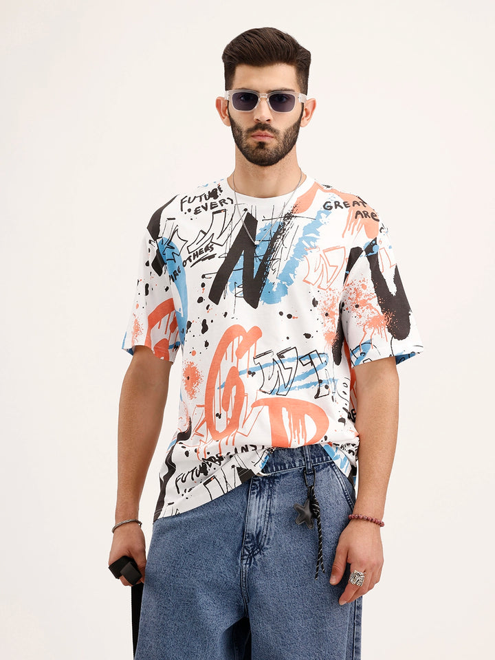 Oversized Graffiti Printed T-Shirt | White