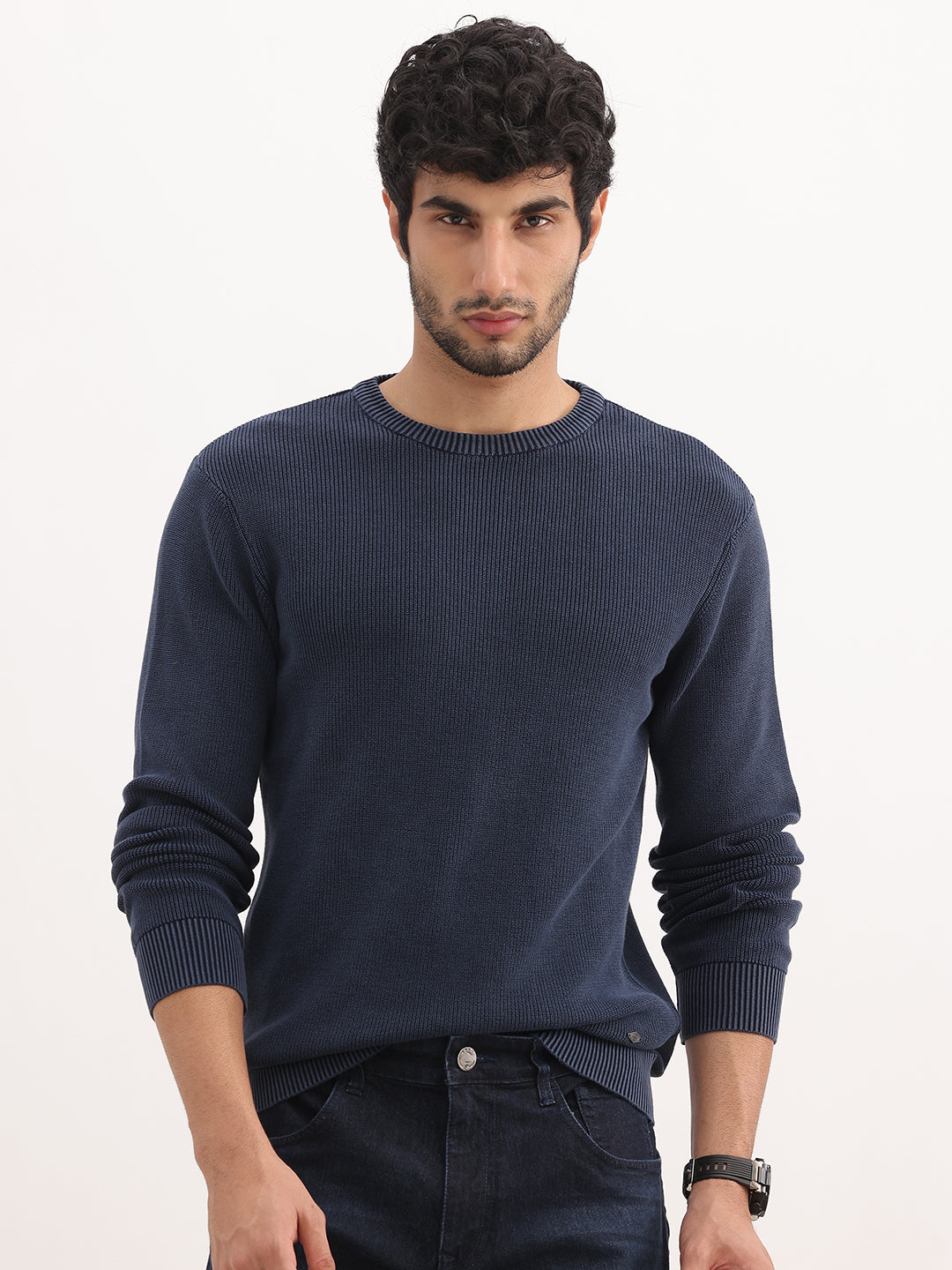 Solid Regular Fit Sweater | Navy Blue