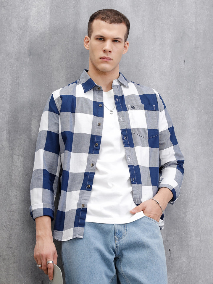 Checkered Full Sleeve Regular Fit Shirt  | Navy Blue