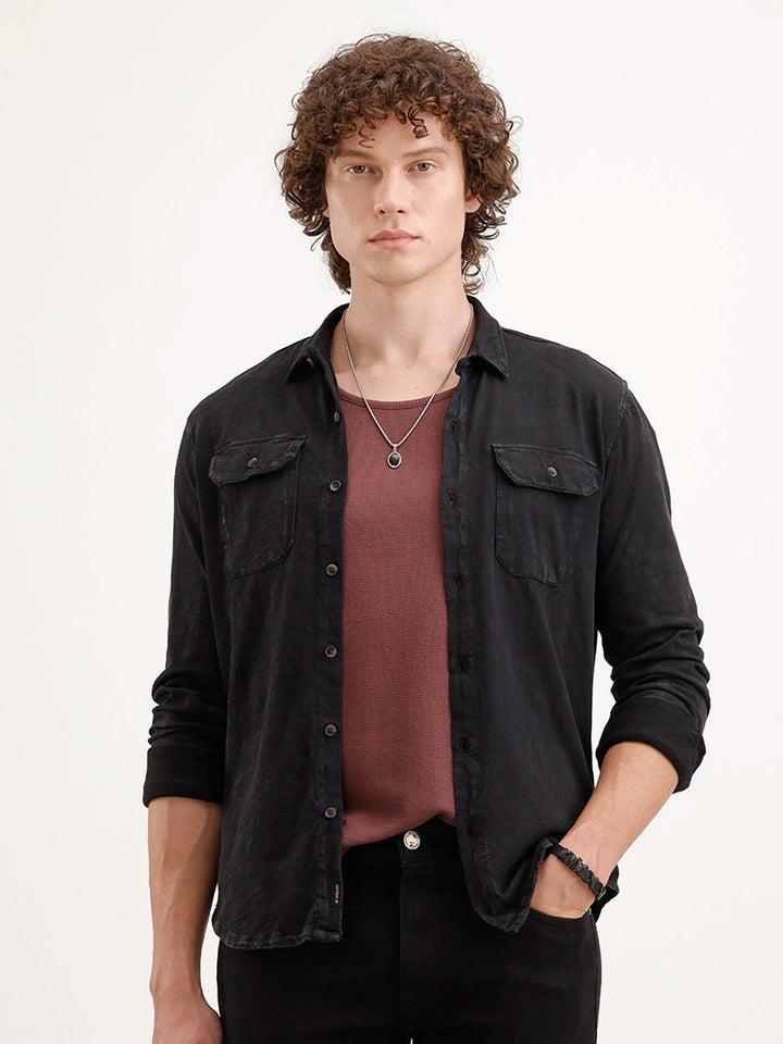 Solid Slim Fit Double Pocket Shirt | Black