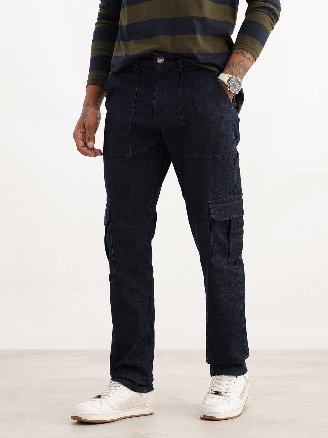 Solid Straight Fit Denim Cargo | Dark Blue