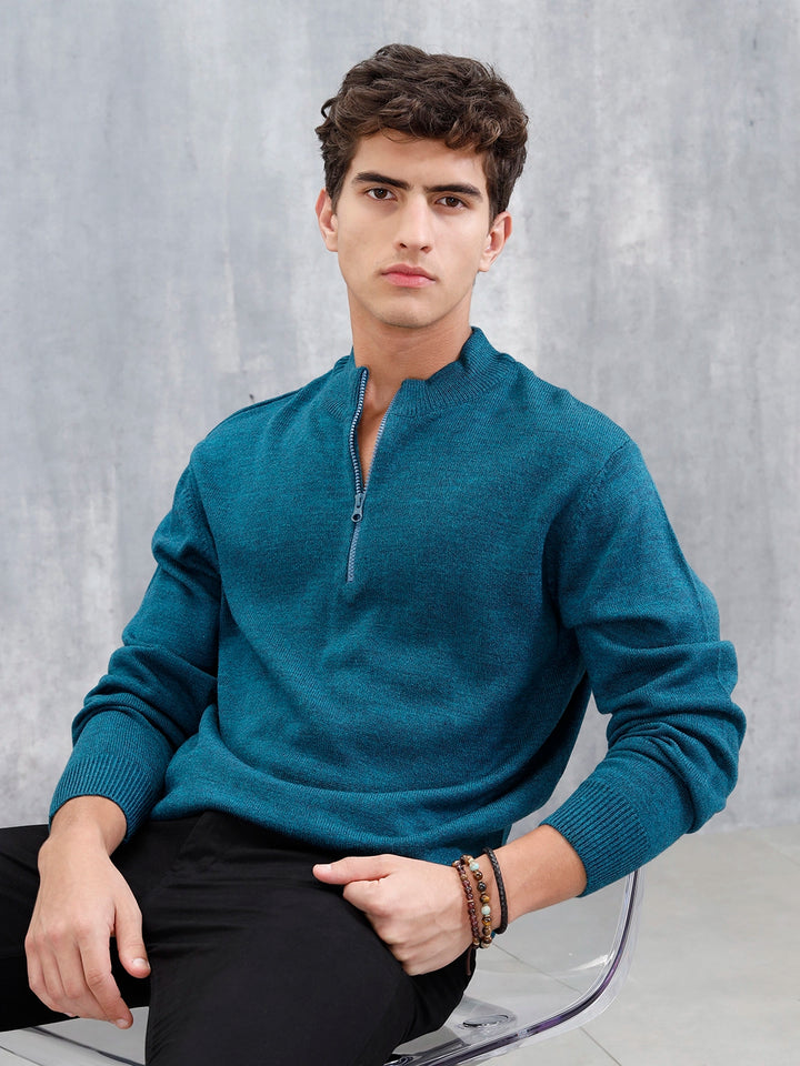 Slim Fit Casual Pullover With Zipper Detail | Teal