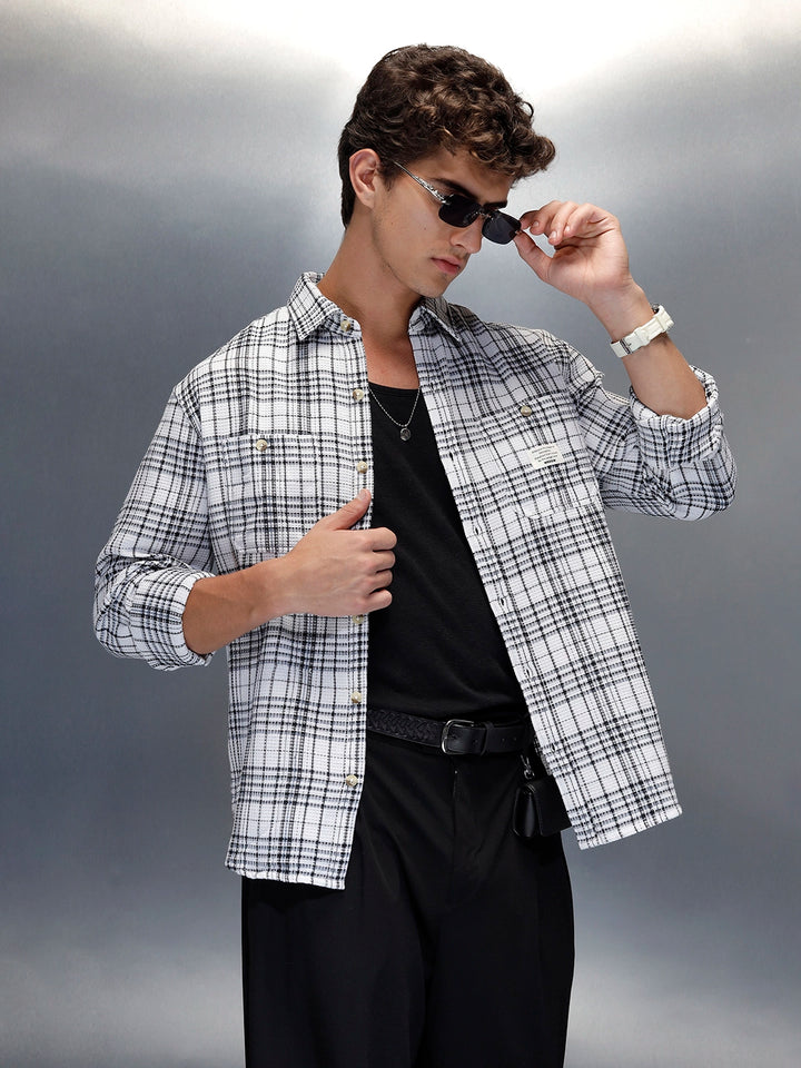 Wrogn Men's Checkered Double Pocket Casual Shirt | White