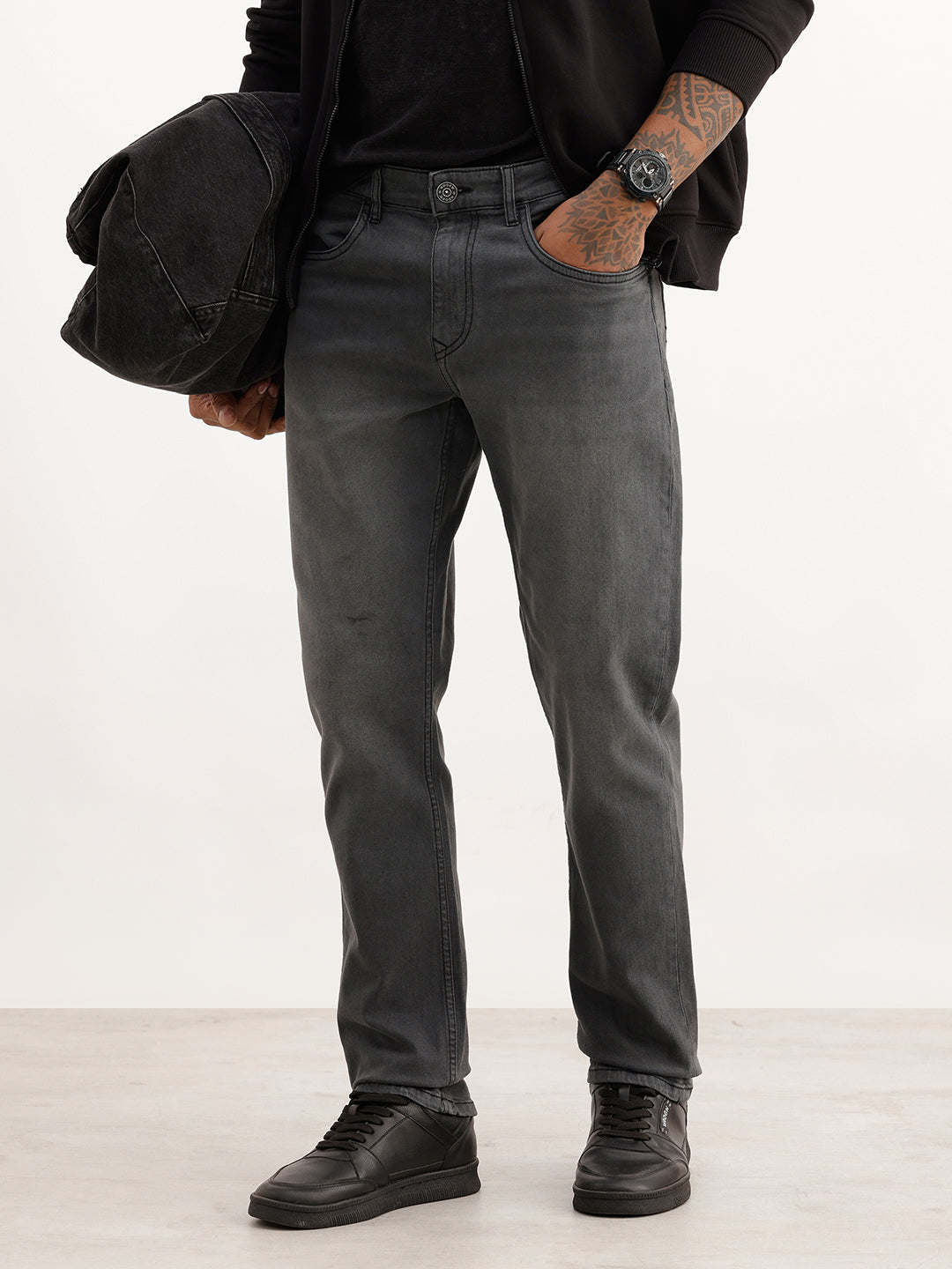 Washed Straight Fit Denim Jeans | Charcoal