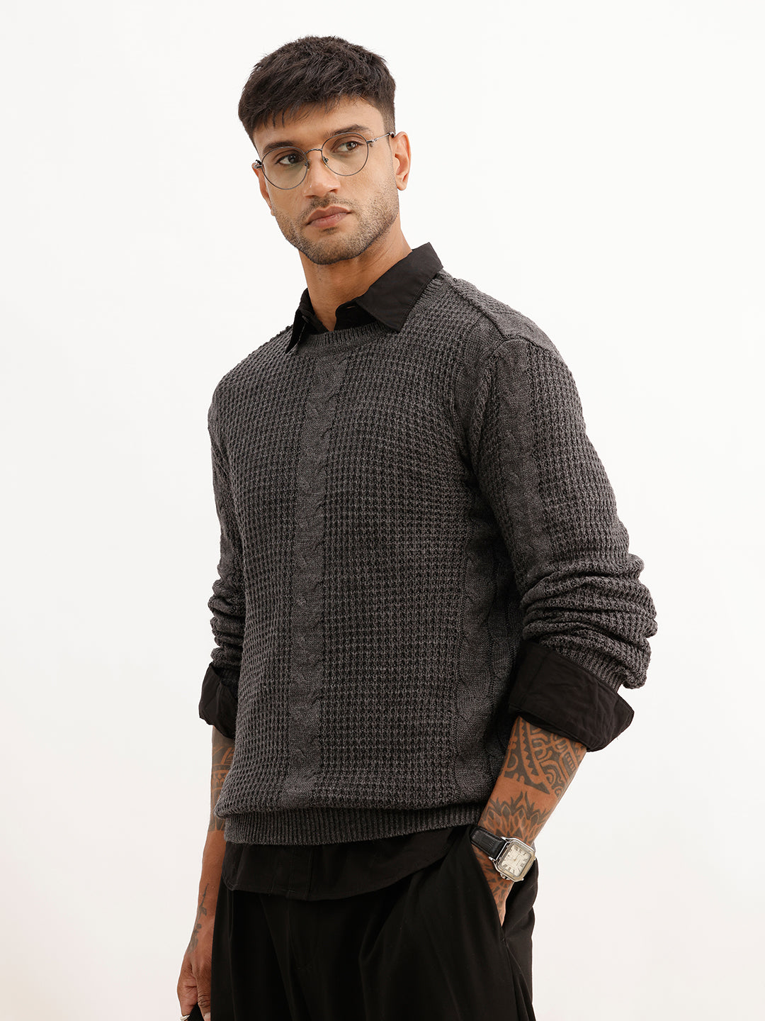Regular Fit Textured Cable Knit Sweater | Grey