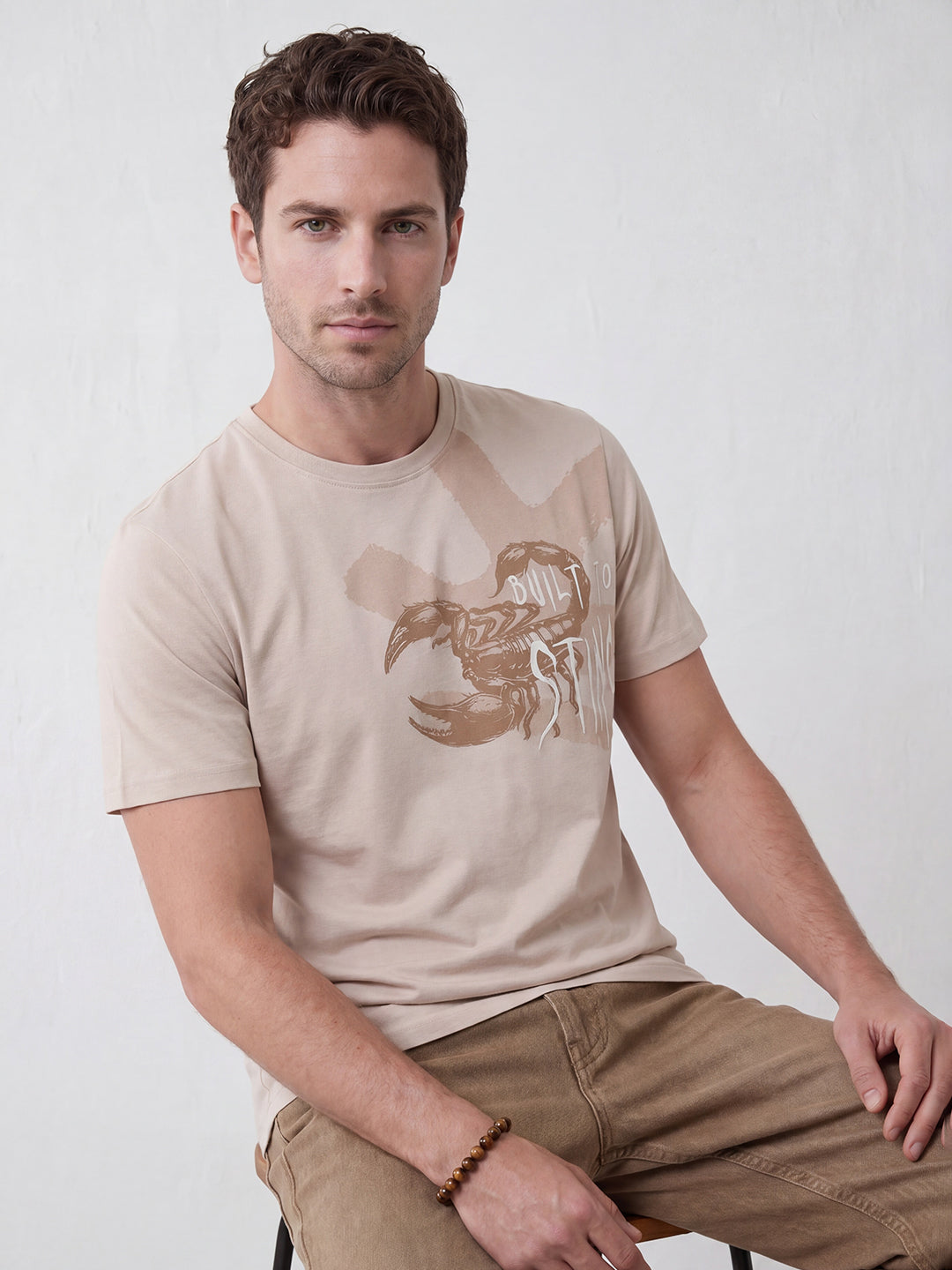 Slim Fit Placement Printed T-Shirt | Beige