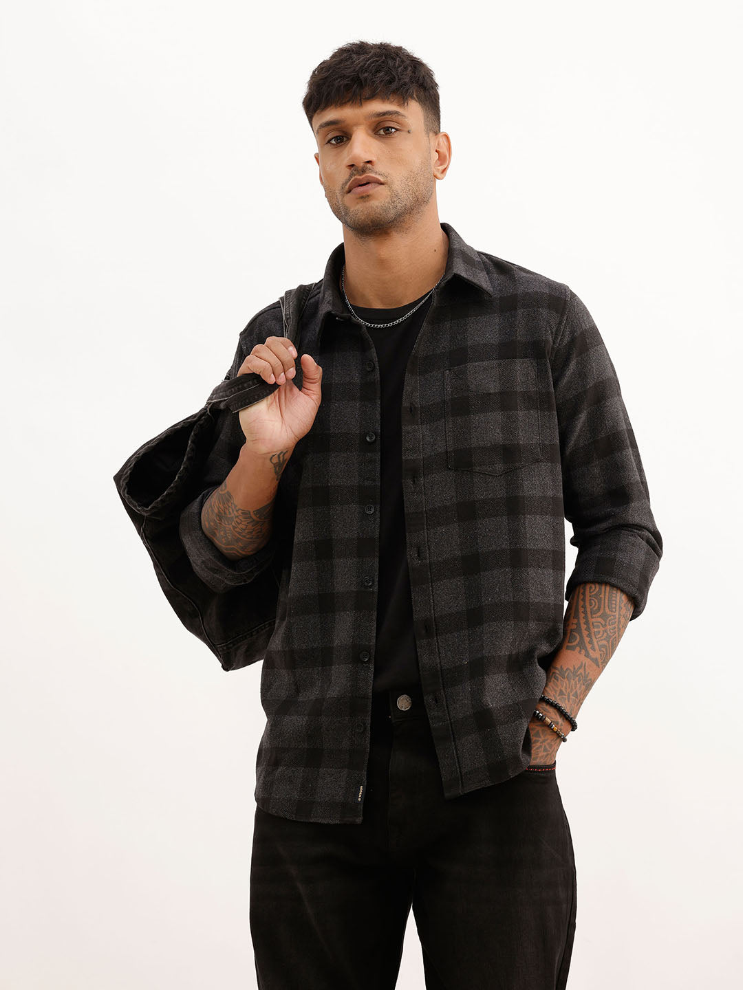 Slim Fit Flannel Full Sleeve Shirt | Black