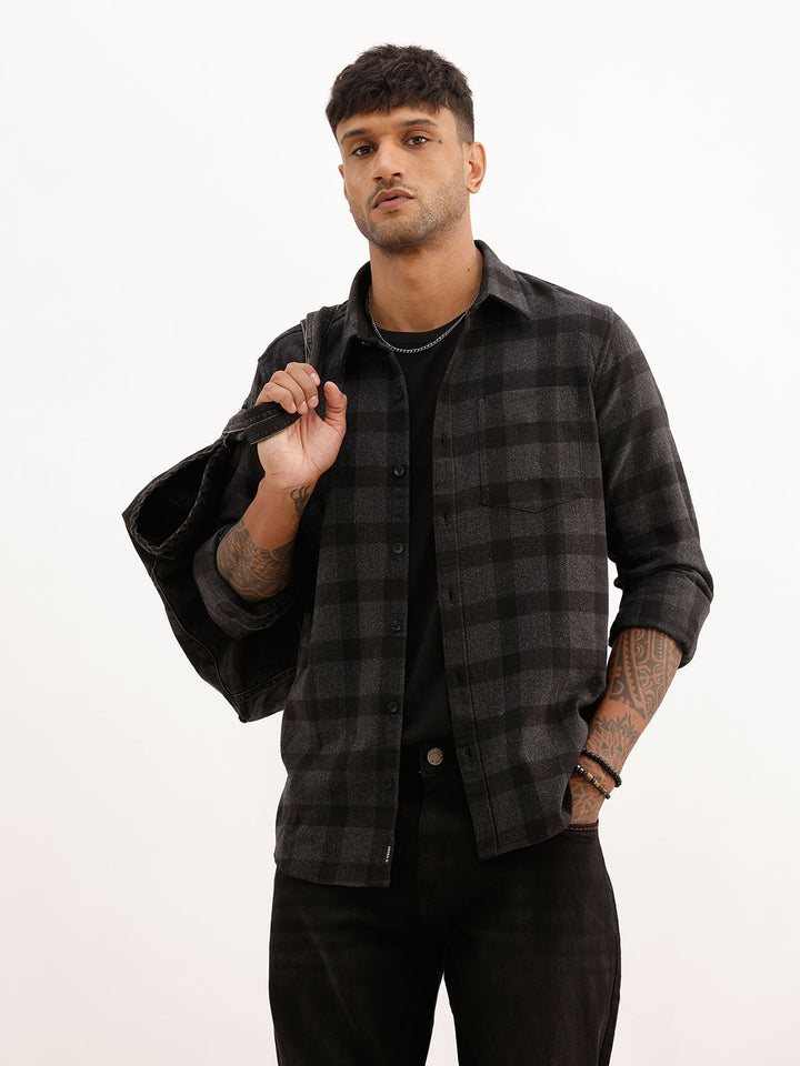 Slim Fit Checkered Full Sleeve Shirt | Black