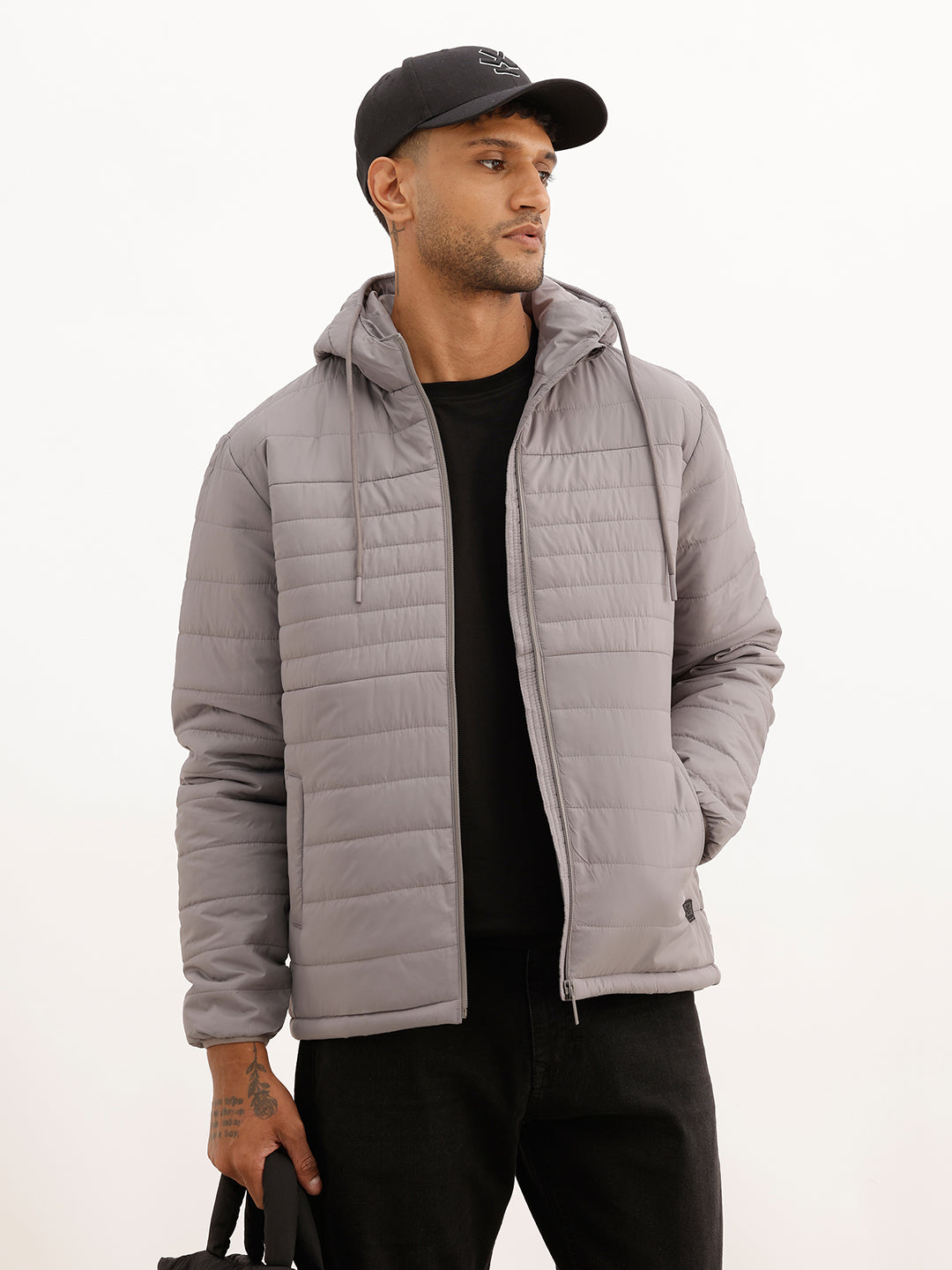 Solid Regular Fit Puffer Jacket | Dark Grey