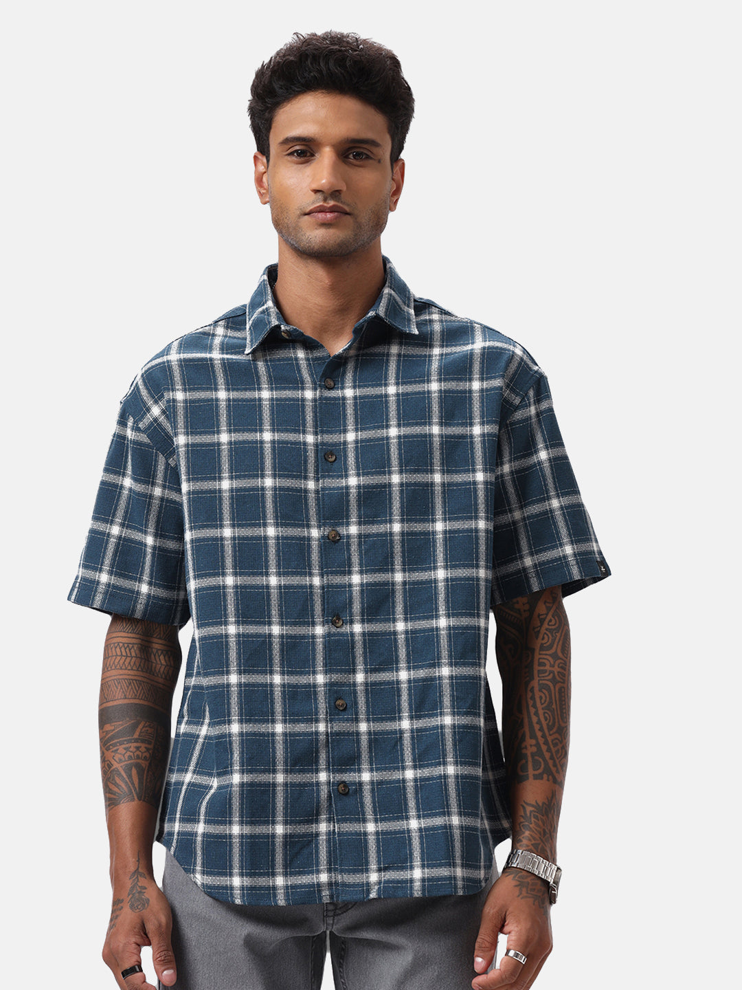 Green and White Checkered Casual Shirt