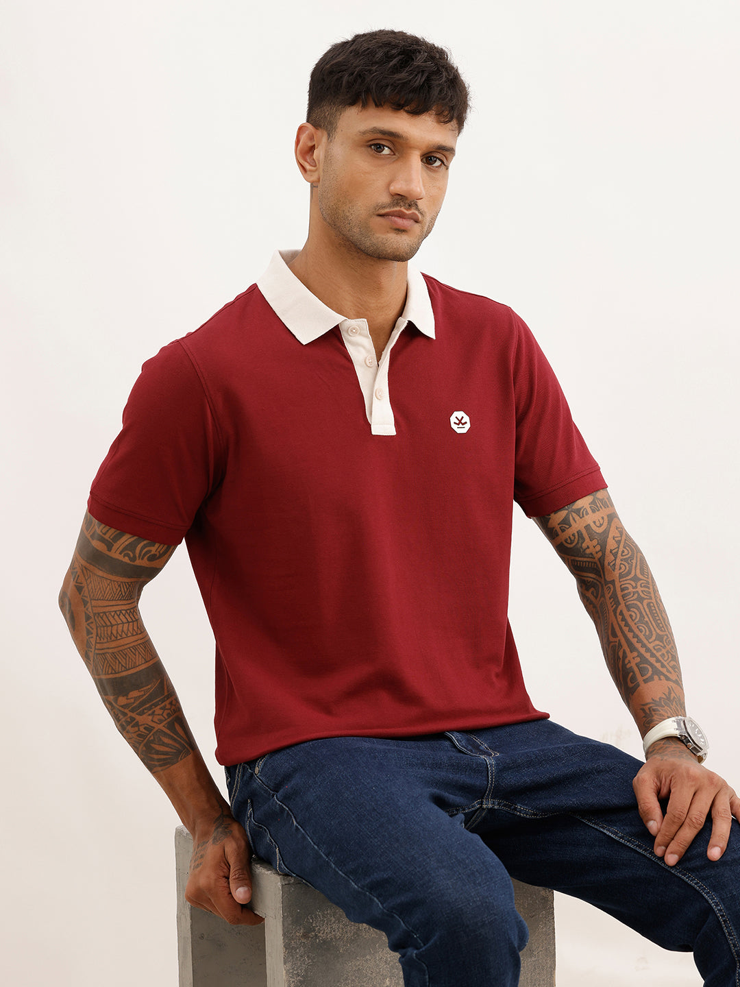 Solid Contrast Collar Polo T-Shirt | Maroon | WWTS273F
