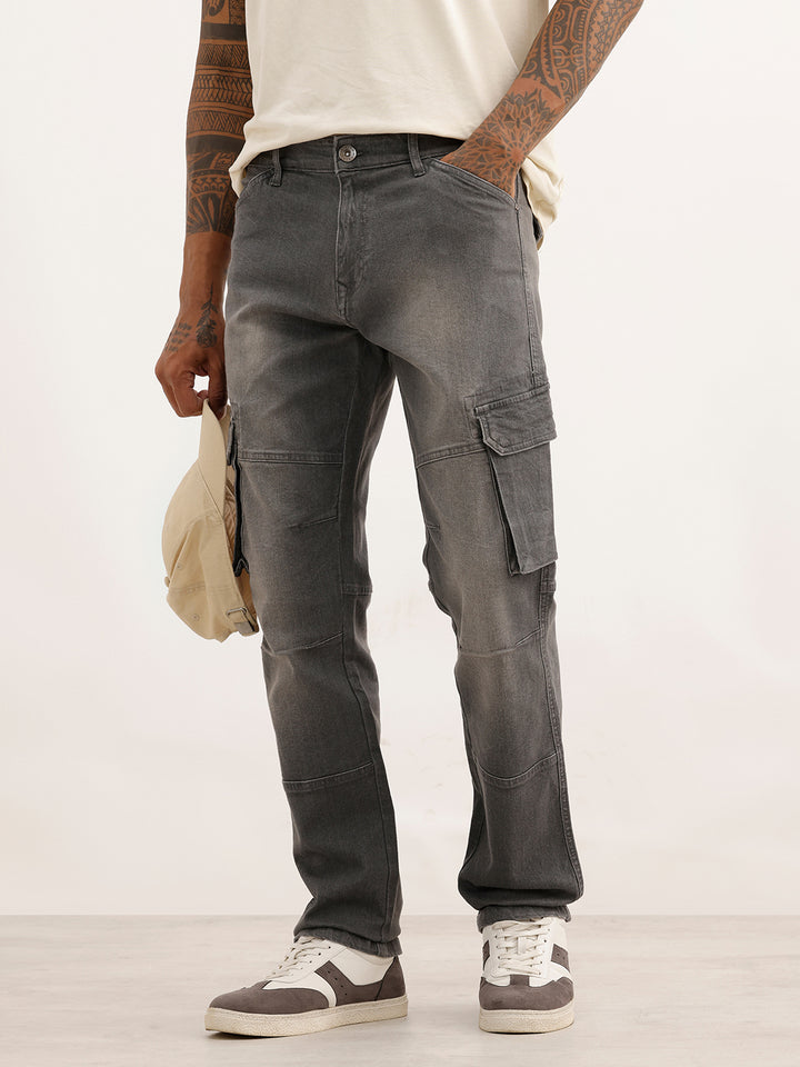 Faded Straight Fit Denim Cargo | Grey