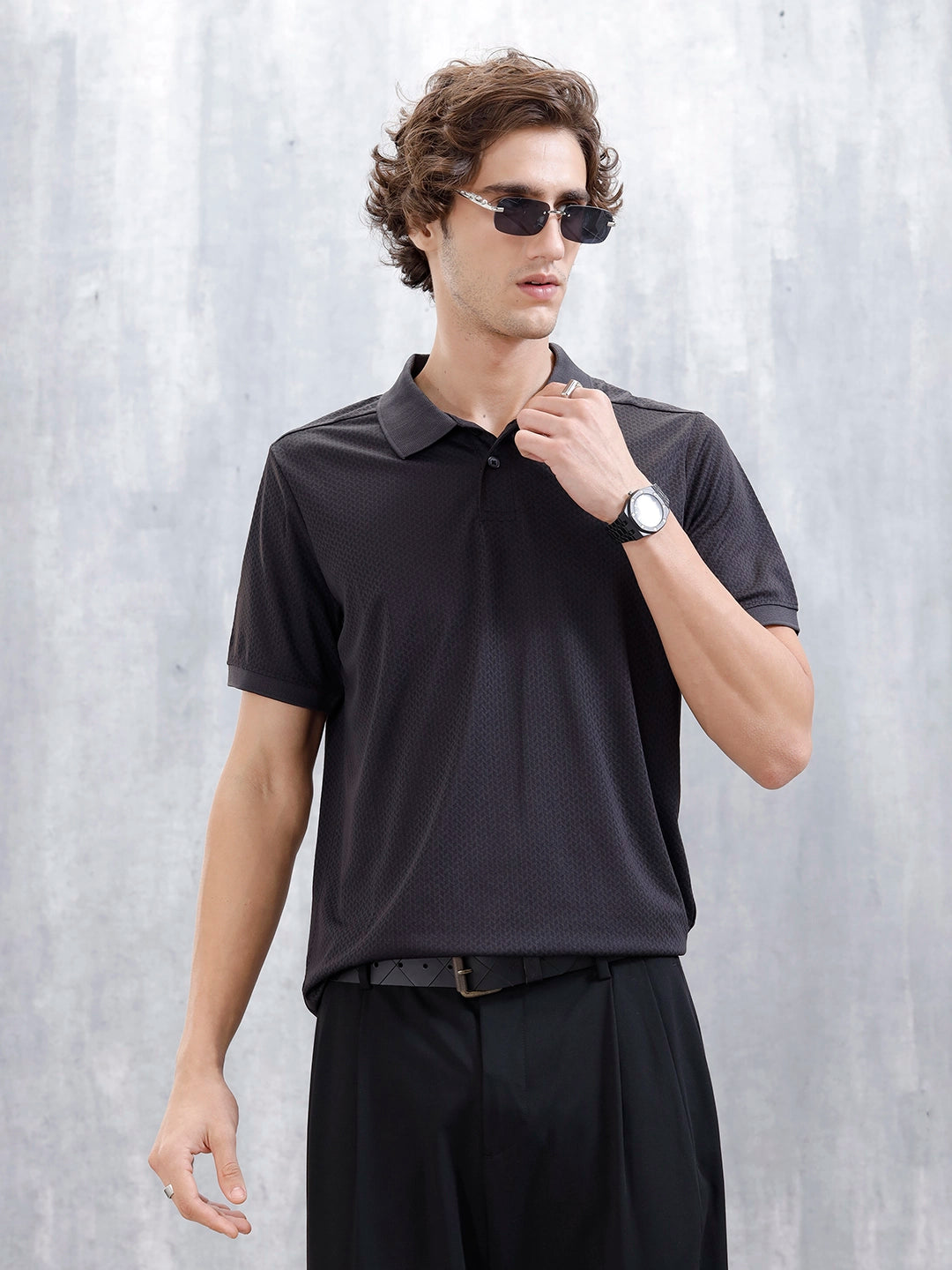 Textured Men's Casual Polo T-Shirt | Black